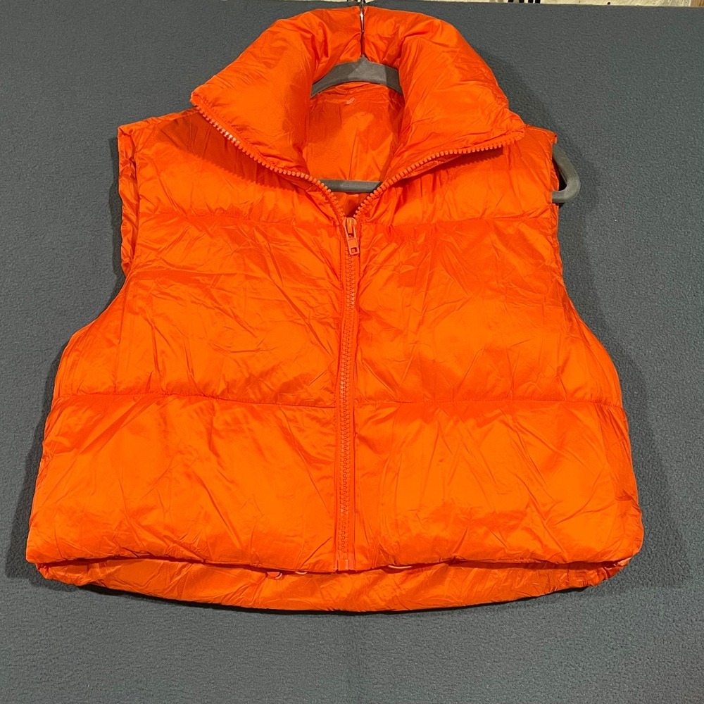 Neon Orange Cropped Puffer Vest Womens‎ Sz 8 Quilted Full Zip Lightweight Padded